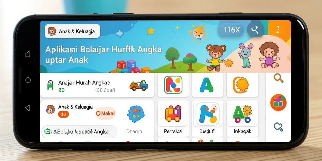 Tampilan antarmuka aplikasi 116X yang menarik untuk belajar huruf dan angka.