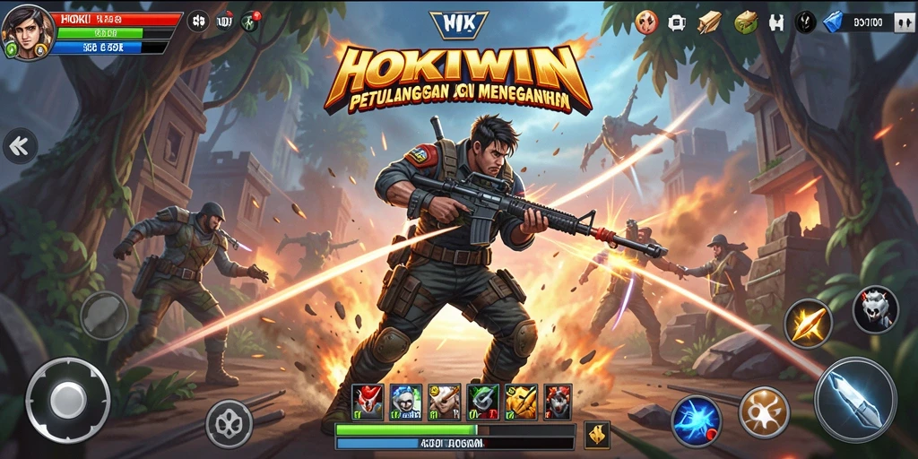 Screenshot HOKIWIN menampilkan aksi karakter di medan perang.